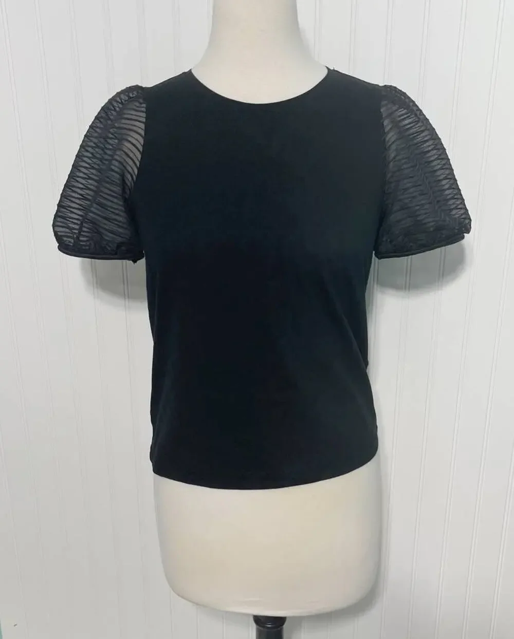 Madewell Striped Sheer Puff Sleeve Knit T-Shirt Crewneck Short Sleeve Black XS